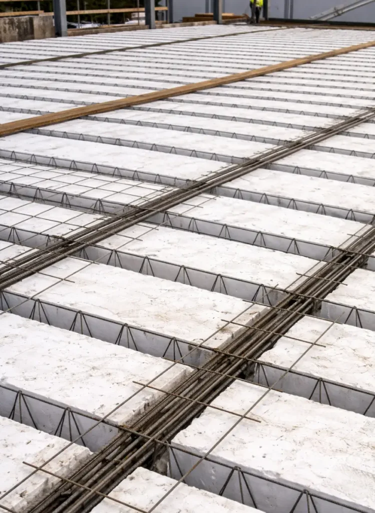 Laje treliçada com enchimento em EPS aplicada em obra para reduzir peso estrutural e melhorar o isolamento térmico e acústico